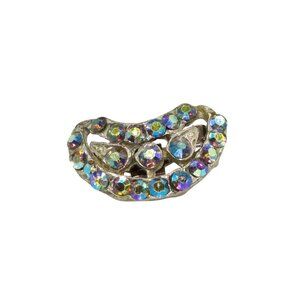 Antique Pot Metal Small Brooch with AB Crystals, Marked AJC, Crescent Moon Shape